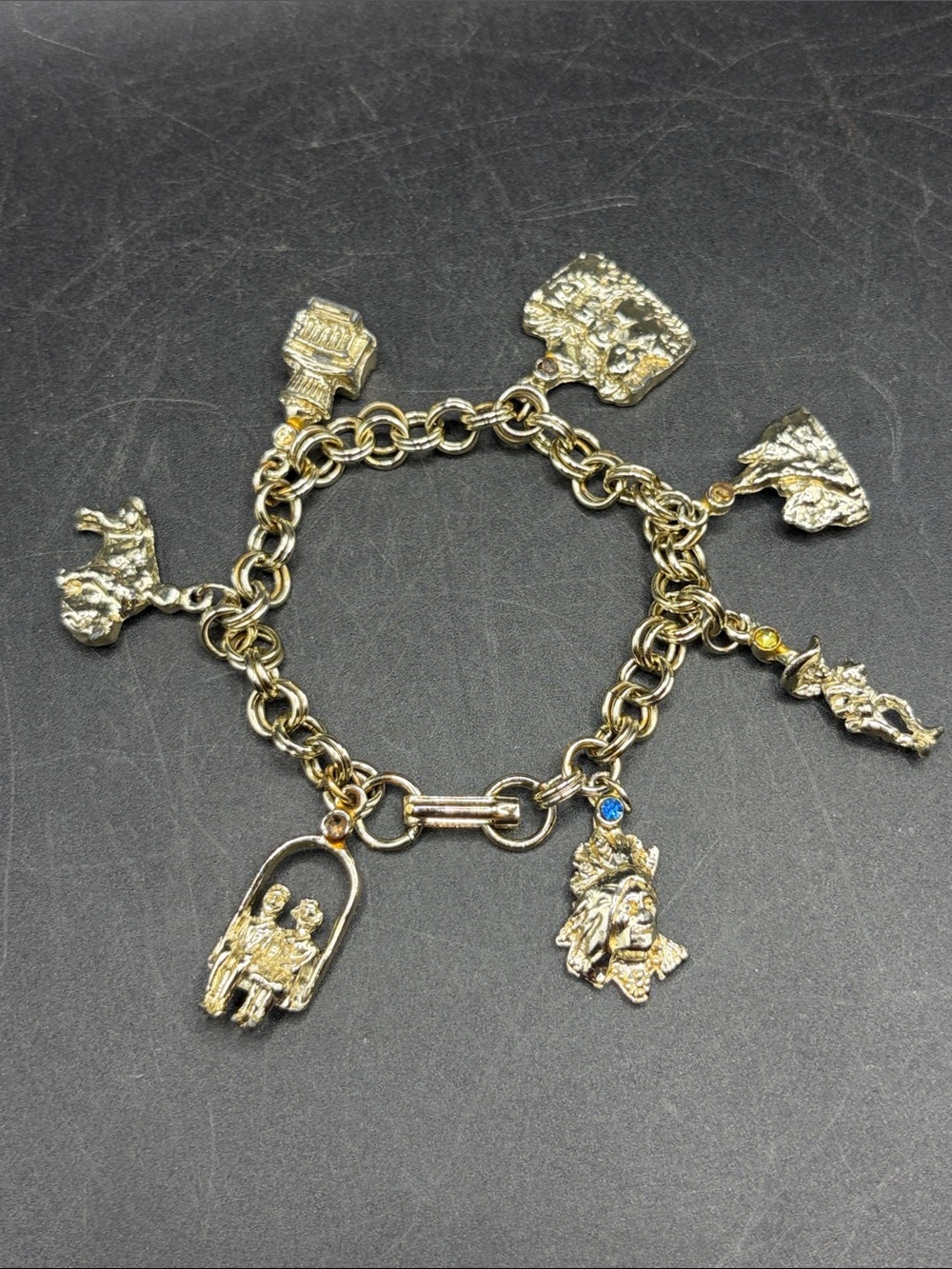 Vintage Metal & Rhinestone Crystal Charm Pendant Bracelet Cowboy Bull Western +